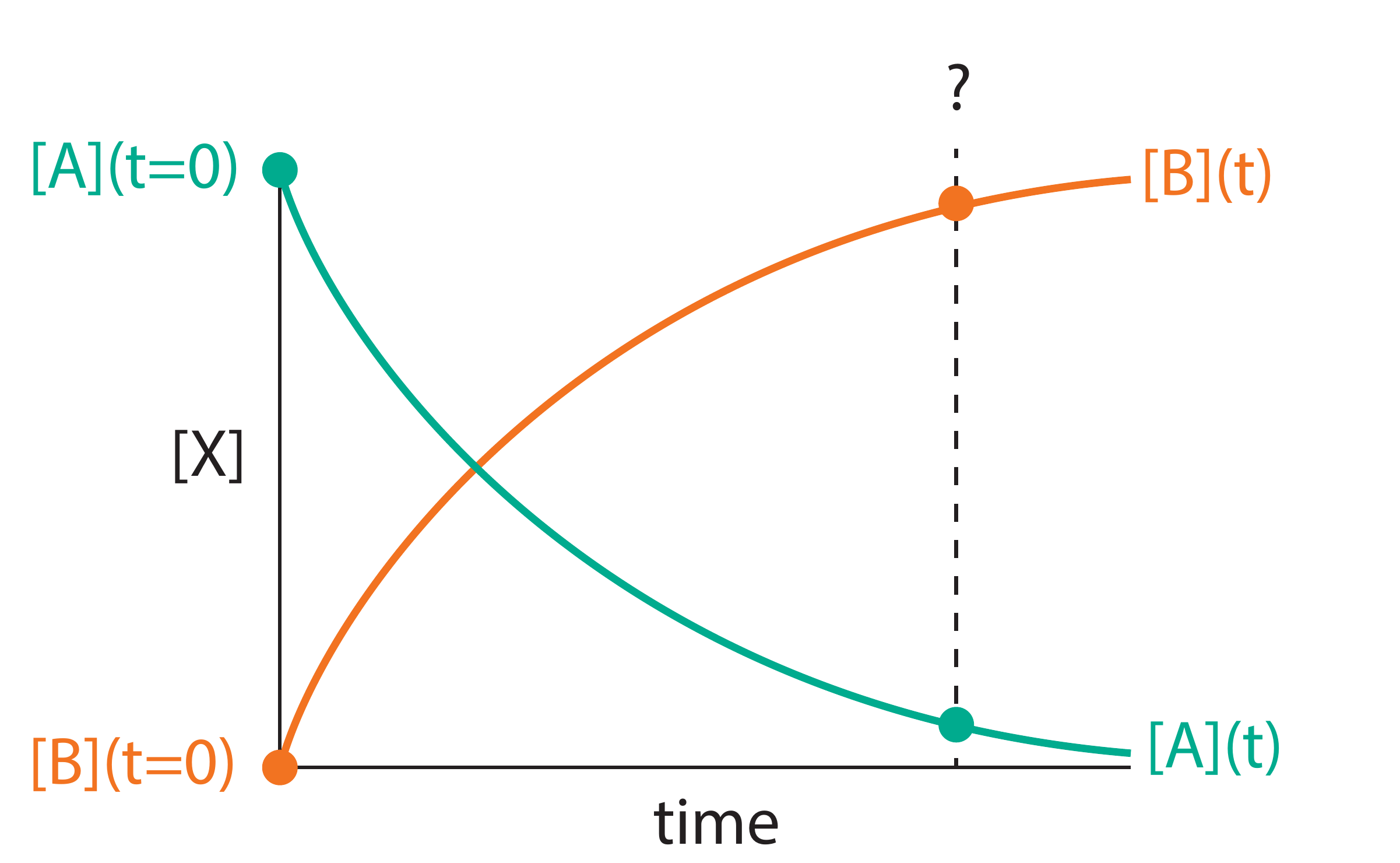 Time evolution of concentrations for the reaction A → B. As the reaction proceeds, the concentration of reactant A decreases while the concentration of product B increases. At any time $t$, the sum of the two concentrations equals the initial concentration of A (assuming we start with pure A).