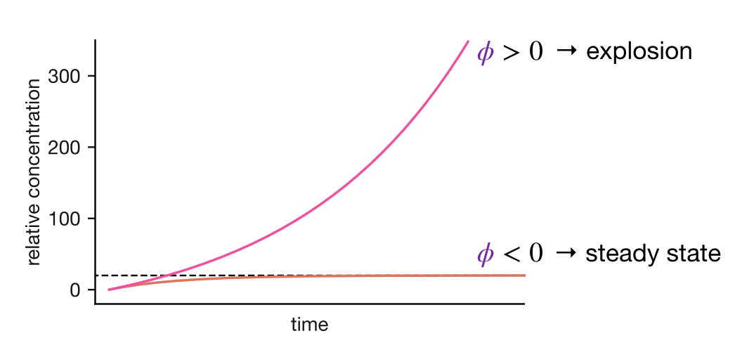 Solutions to the feedback equation for negative and positive feedback. When $\phi < 0$ (lower curve), $[\mathrm{I}]$ rises to the steady-state value $\nu_\mathrm{f}/|\phi|$ and remains there — this is the self-regulating behaviour that underpins the SSA. When $\phi > 0$ (upper curve), $[\mathrm{I}]$ grows exponentially without bound.