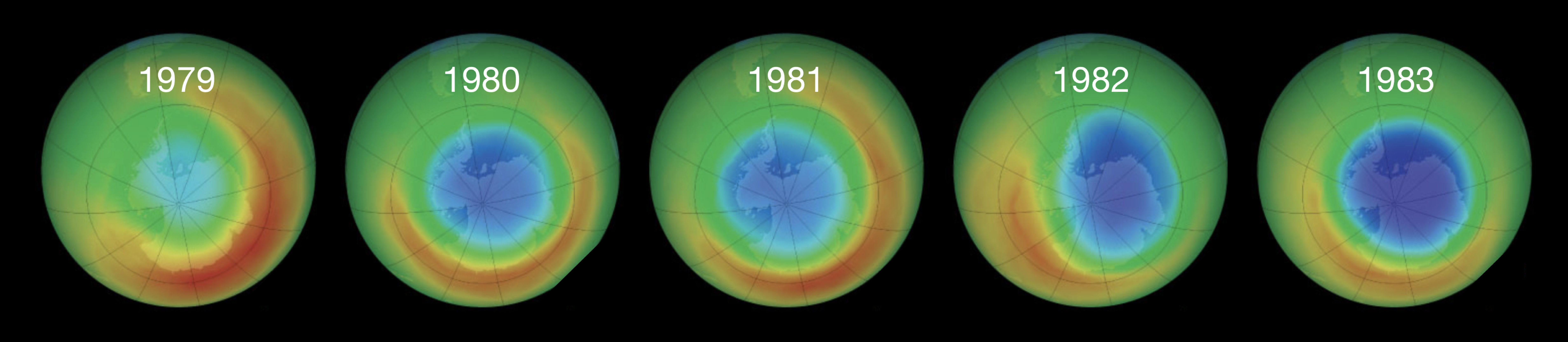Satellite observations of total column ozone over Antarctica from 1979 to 1983. Blue and purple regions indicate depleted ozone.