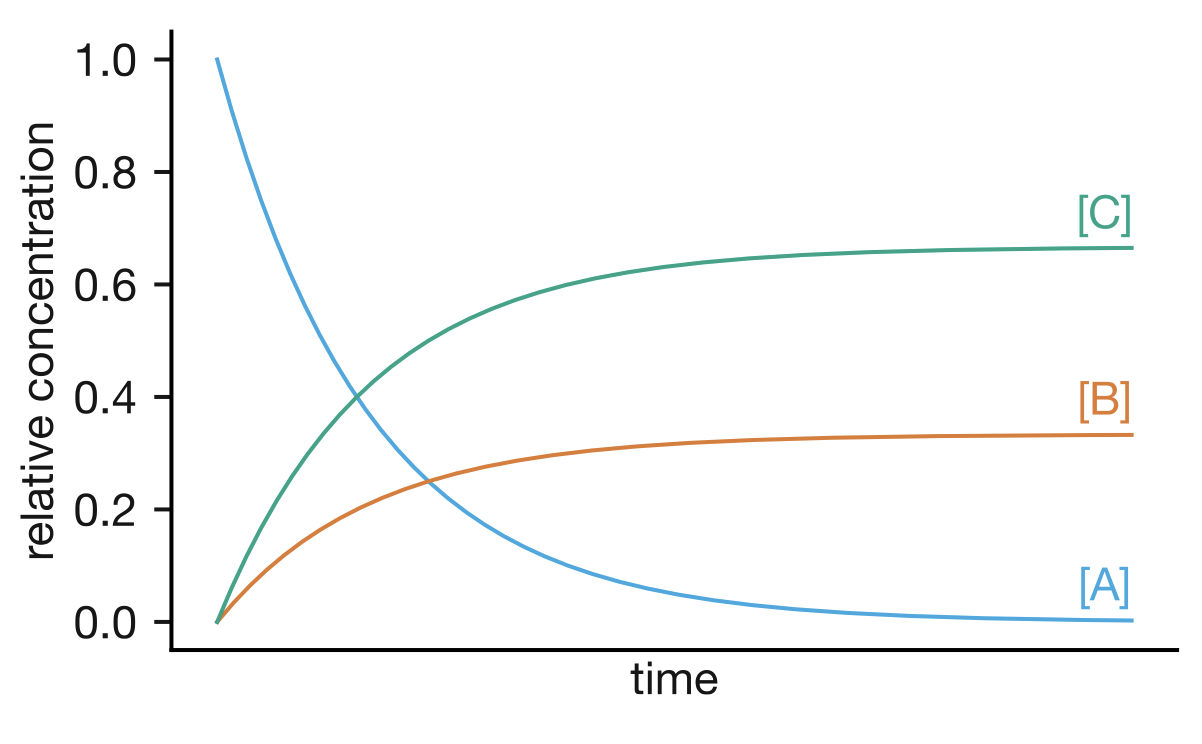 B and C both form via first-order processes with the same effective rate constant $k_1+k_2$. At any point in time, the ratio $[\mathrm{B}]/[\mathrm{C}]$ is equal to $k_1/k_2$.