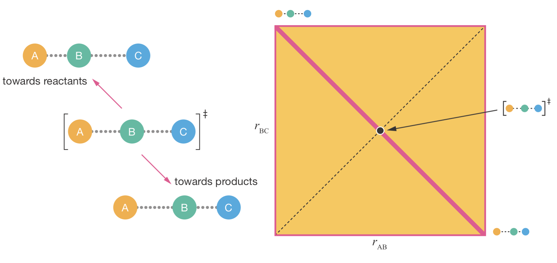 Motion across the transition state for the reaction A + BC $\to$ AB + C. Left: The molecular geometries along the reaction coordinate, showing reactants (top), the transition state activated complex [A⋯B⋯C]$^\ddagger$ with both bonds partially formed (centre), and products (bottom). Right: A zoomed-in view of the saddle point region from Figure \@ref(fig:reaction-coordinate), showing the transition state on the potential energy surface. Motion along the reaction coordinate (pink line) corresponds to vibration-like motion through the transition state, with frequency $\nu^\ddagger = k_\mathrm{B}T/h$.
