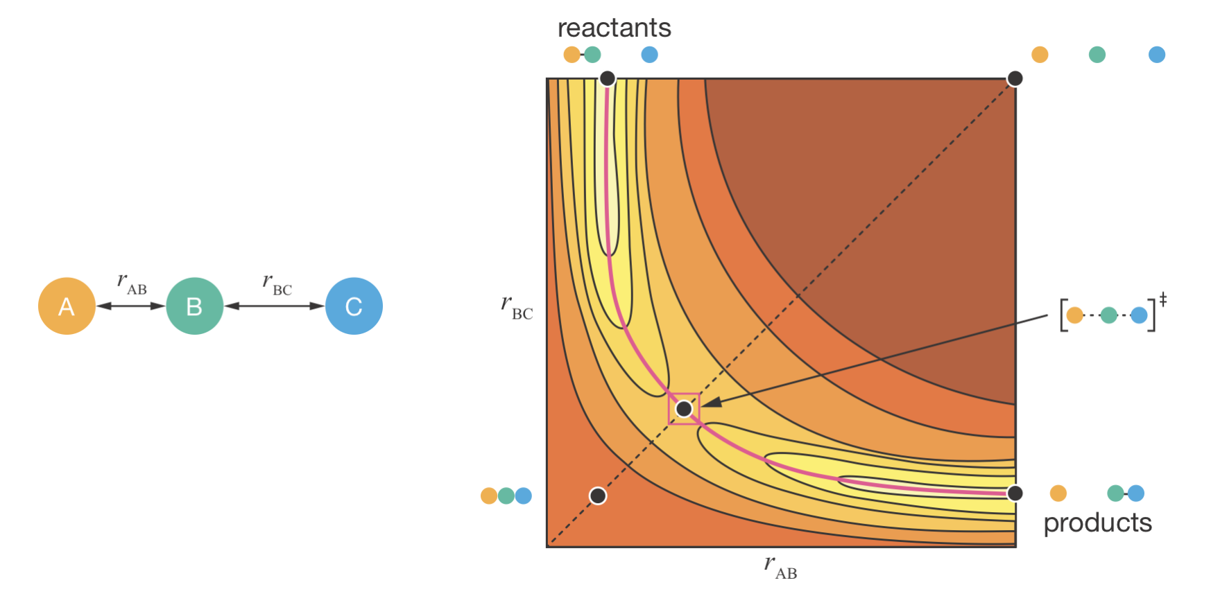 The reaction coordinate for a bimolecular exchange reaction A + BC → AB + C. Left: The two key bond distances that define the reaction coordinate. Right: The potential energy surface as a function of $r_{\mathrm{AB}}$ and $r_{\mathrm{BC}}$. Five key configurations are marked on the surface: reactants (top left), products (bottom right), transition state (centre saddle point), and two high-energy configurations at the remaining corners. The reaction coordinate (pink line) follows the minimum energy pathway connecting reactants, transition state, and products.