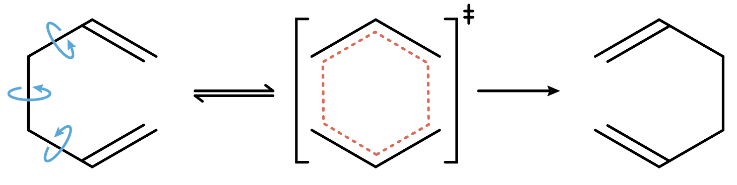 The Cope rearrangement of 1,5-hexadiene proceeds through a constrained cyclic transition state. Left: The reactant possesses considerable internal rotational freedom around the three C–C single bonds (rotation arrows). Centre: The transition state requires a planar, cyclic six-membered ring geometry (red dashed ring) with specific orbital overlap for the [3,3]-sigmatropic shift. Right: The product, with the double bonds in new positions. The constraint of forming this cyclic transition state eliminates the internal rotational freedom present in the reactant.