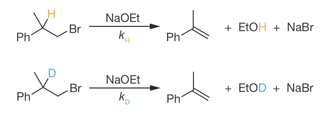 E2 elimination of phenylethyl bromide with sodium ethoxide. The hydrogen (orange, rate constant $k_\mathrm{H}$) and deuterium (blue, rate constant $k_\mathrm{D}$) at the $\alpha$-position are removed during the elimination to form ethanol/deuterated ethanol. Experimentally, $k_\mathrm{H}/k_\mathrm{D}$ = 7.8.