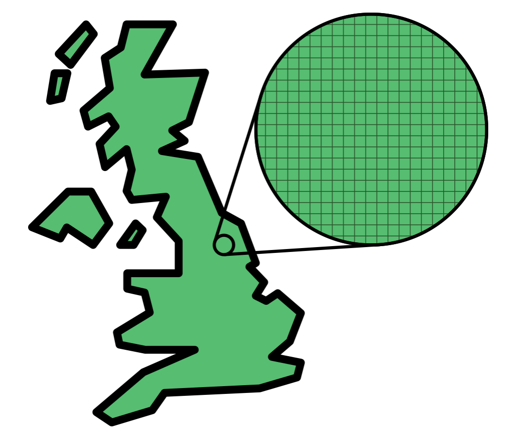Uniform geographical sampling: the UK is divided into a grid of equal-sized squares, and squares are selected at random. Each selected square is sampled regardless of whether anyone lives there.